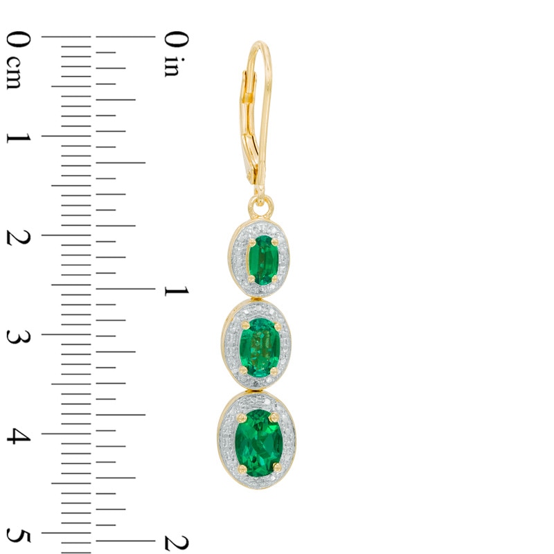 Main Image 2 of Oval Lab-Created Emerald and Diamond Accent Linear Three Stone Earrings in Sterling Silver with 14K Gold Plate