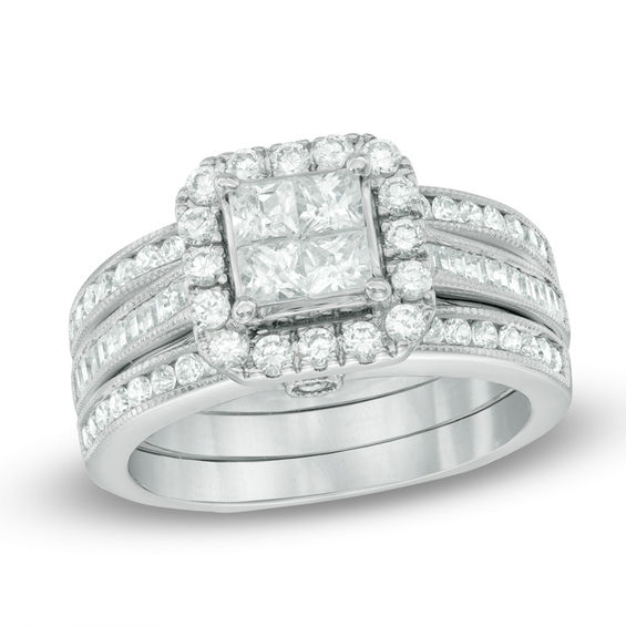 1-1/2 CT. T.w. Quad Princess-Cut Diamond Frame Bridal Set in 14K Gold