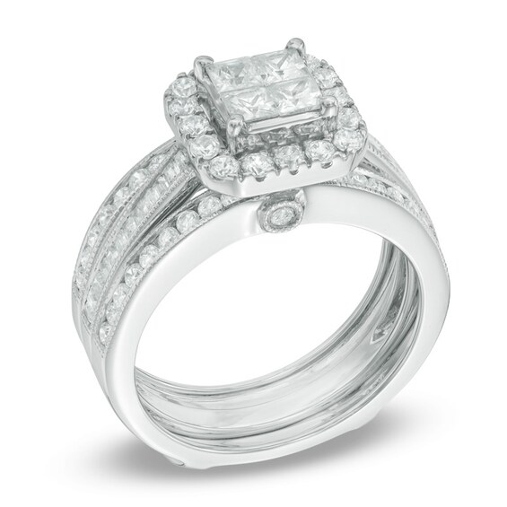 1-1/2 CT. T.w. Quad Princess-Cut Diamond Frame Bridal Set in 14K Gold