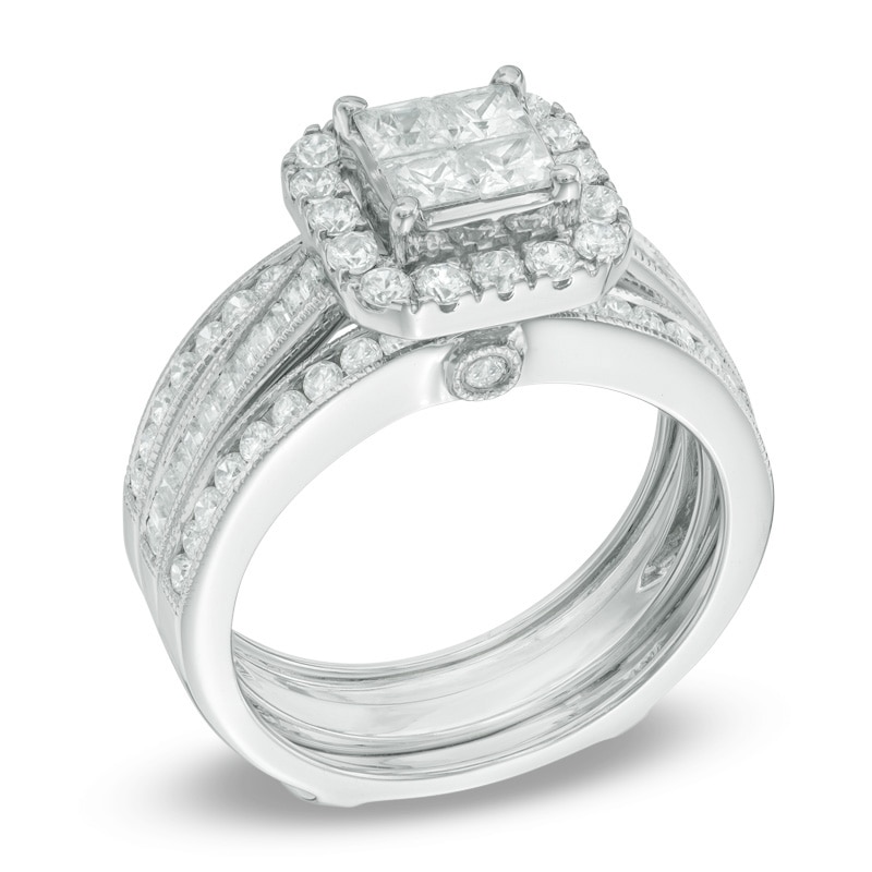 Main Image 2 of 1-1/2 CT. T.W. Quad Princess-Cut Diamond Frame Bridal Set in 14K White Gold