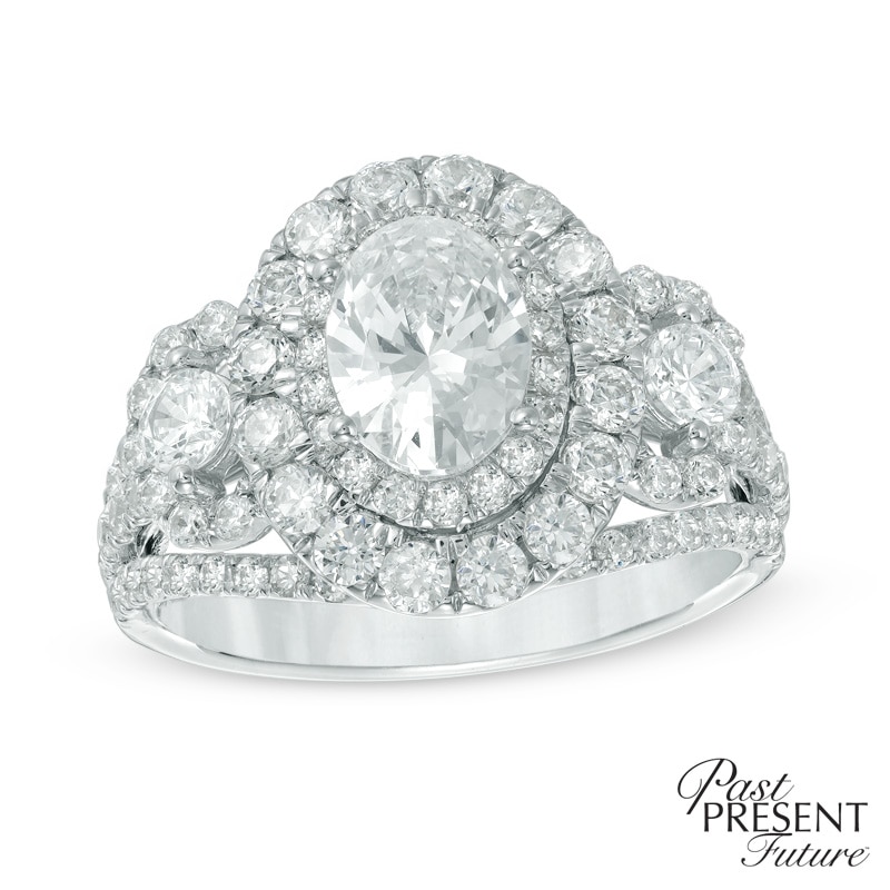 Main Image 1 of 2-1/2 CT. T.W. Certified Oval Diamond Past Present Future® Frame Engagement Ring in 14K White Gold (I/I1)