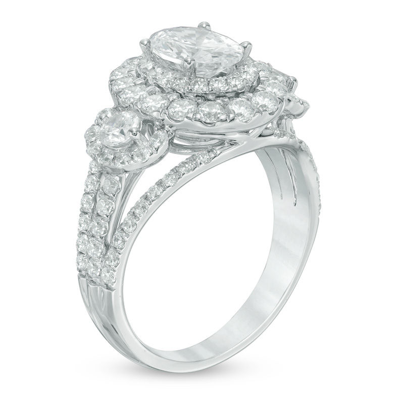 Main Image 2 of 2-1/2 CT. T.W. Certified Oval Diamond Past Present Future® Frame Engagement Ring in 14K White Gold (I/I1)
