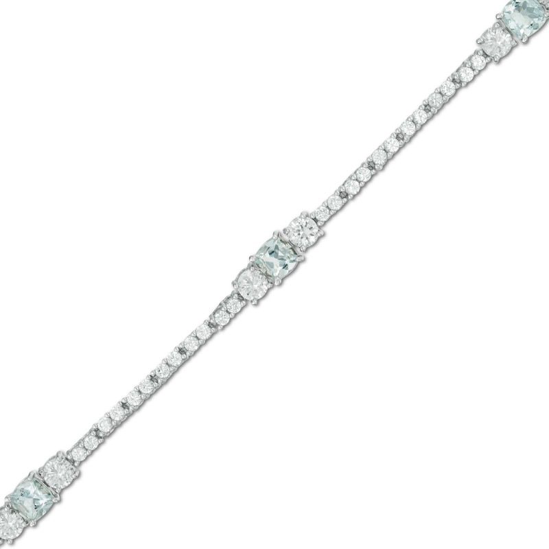 Main Image 1 of Cushion-Cut Aquamarine and Lab-Created White Sapphire Bracelet in Sterling Silver - 7.25"
