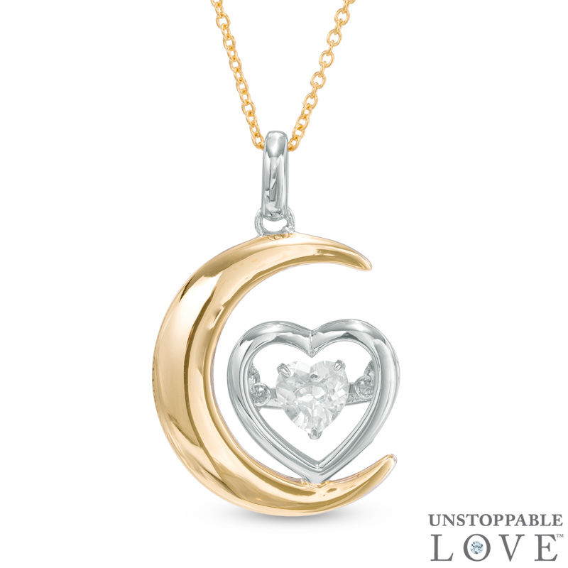 5.0mm Lab-Created White Sapphire Moon and Heart Pendant in Sterling Silver with 14K Gold Plate