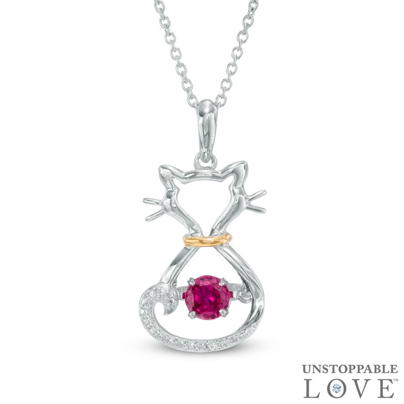 Main Image 1 of 4.0mm Lab-Created Ruby and White Sapphire Cat Pendant in Sterling Silver and 14K Gold Plate