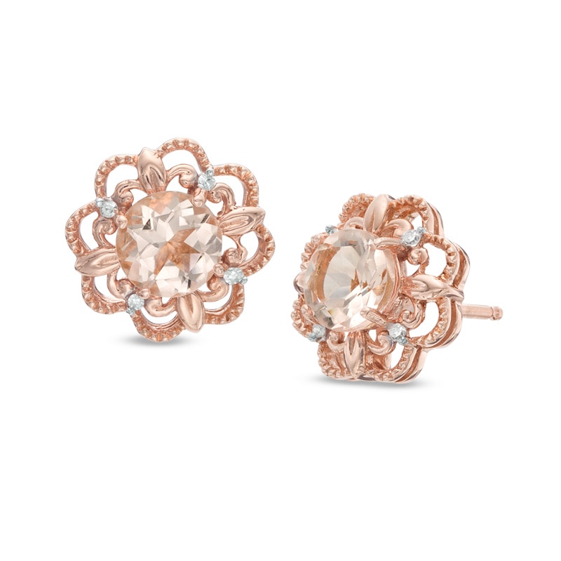 Main Image 1 of 5.0mm Morganite and Diamond Accent Flower Frame Stud Earrings in 10K Rose Gold