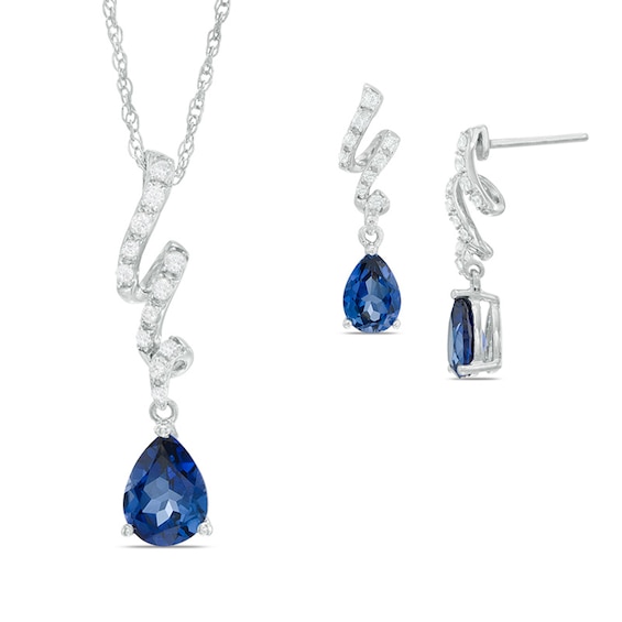 Pear-Shaped Lab-Created Blue and White Sapphire Ribbon Pendant and Earrings Set in Sterling Silver