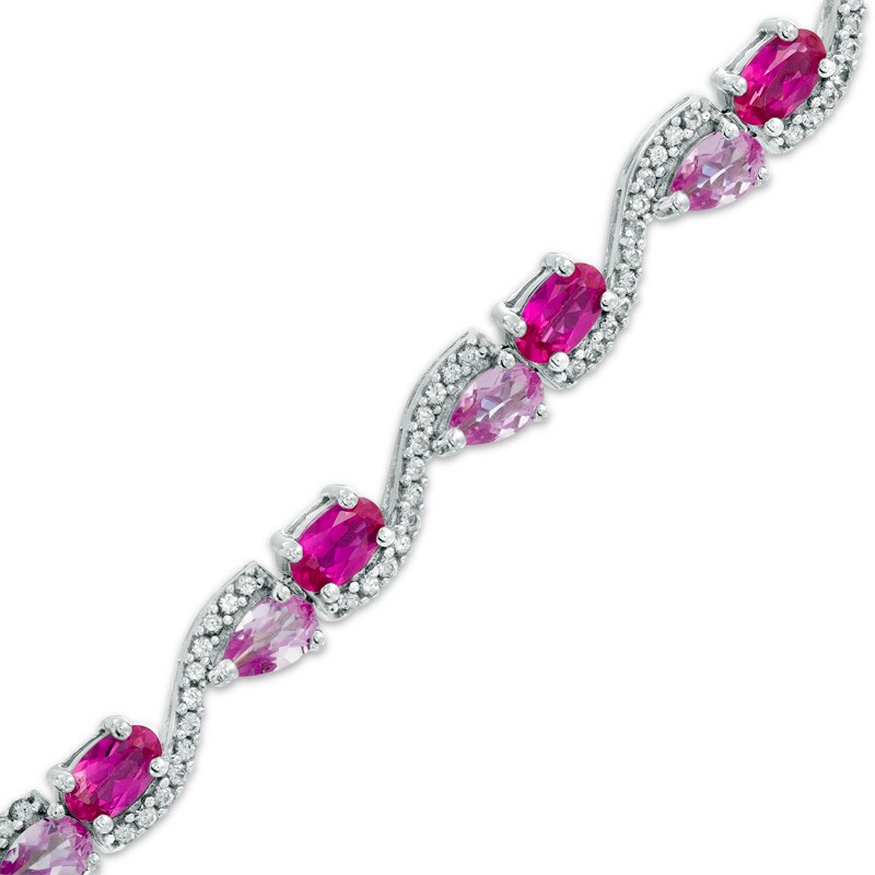 Main Image 1 of Oval Lab-Created Ruby, Pear-Shaped Pink Sapphire and White Sapphire Bracelet in Sterling Silver - 7.25&quot;