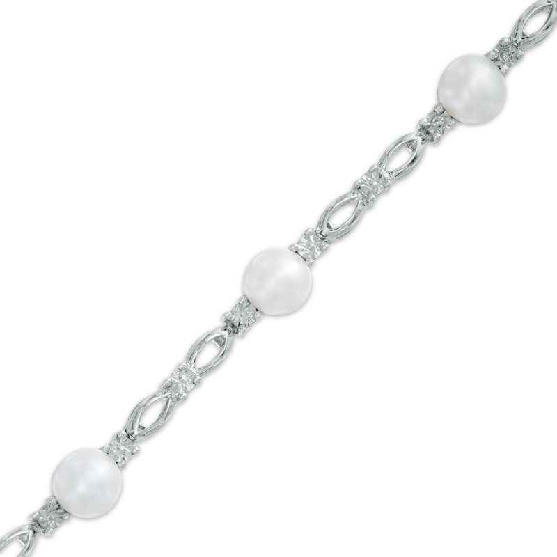 Main Image 1 of 5.0mm Freshwater Cultured Pearl and Diamond Accent Infinity Bracelet in Sterling Silver-7.25"
