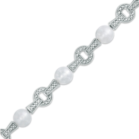 5.0mm Freshwater Cultured Pearl and Diamond Accent Circle Link Bracelet in Sterling Silver-7.25"