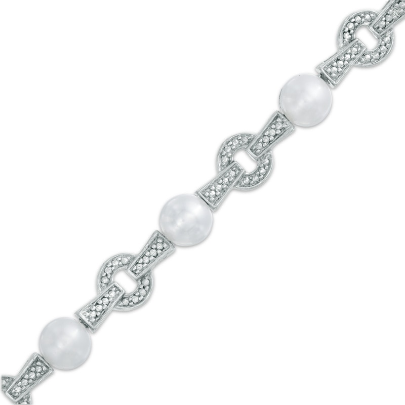 Main Image 1 of 5.0mm Freshwater Cultured Pearl and Diamond Accent Circle Link Bracelet in Sterling Silver-7.25"