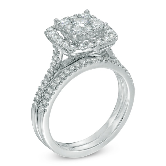 1 CT. T.w. Multi-Diamond Square Frame Bridal Set in 10K White Gold