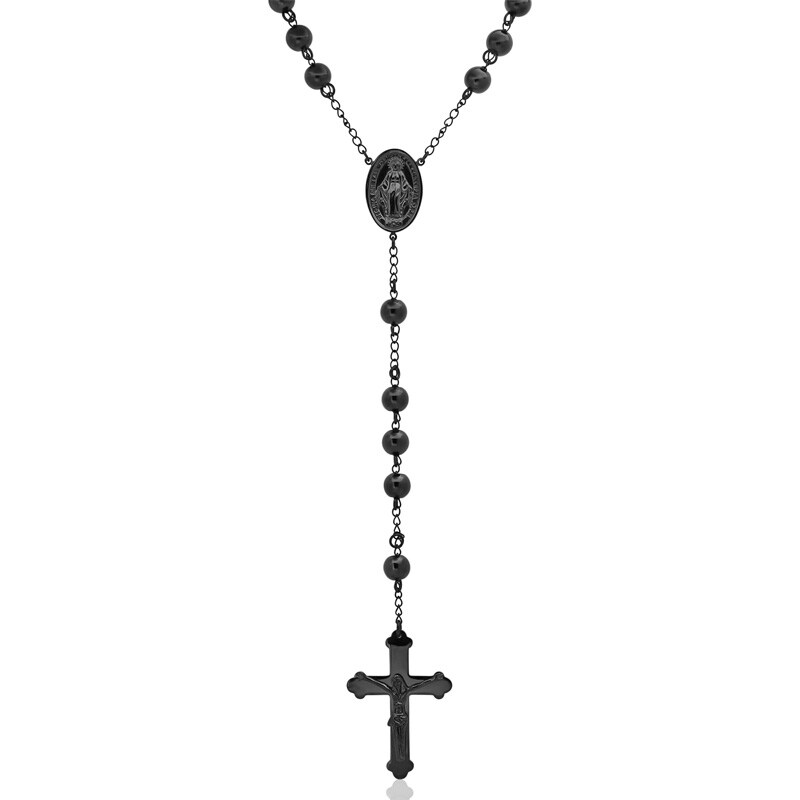 Main Image 2 of Men's Beaded Rosary in Stainless Steel with Black IP - 24&quot;