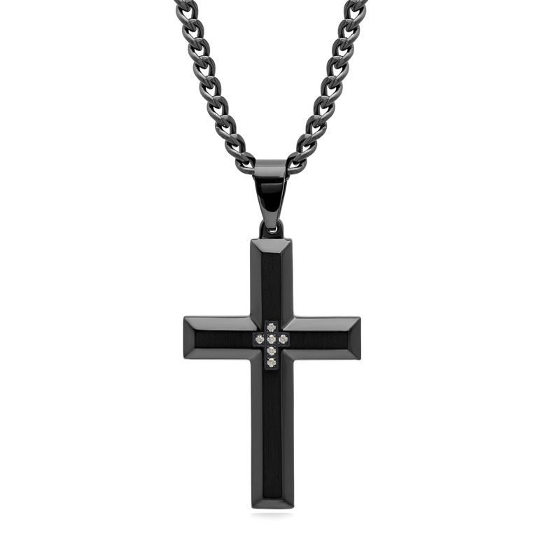 Men's Diamond Accent Bevelled Edge Satin Cross Pendant in Stainless Steel with Black IP - 24"