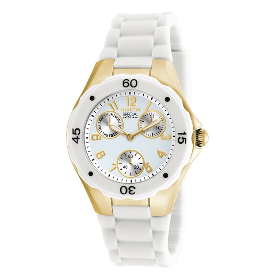 Ladies' Invicta Angel Two-Tone Chronograph Strap Watch with White Dial (Model: 18796)