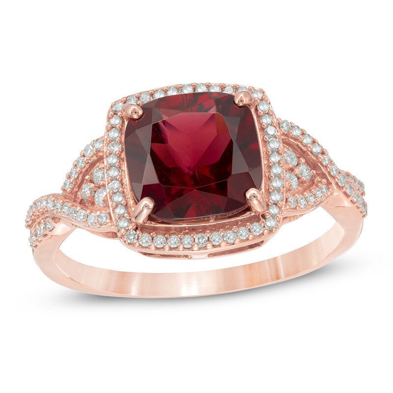 Main Image 1 of 8.0mm Cushion-Cut Rhodolite Garnet and 1/5 CT. T.W. Diamond Frame Engagement Ring in 14K Rose Gold
