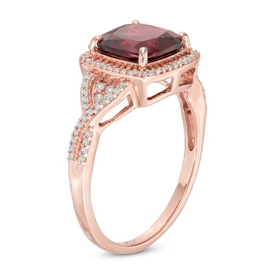 8.0mm Cushion-Cut Rhodolite Garnet and 1/5 CT. T.w. Diamond Frame Engagement Ring in 14K Rose Gold