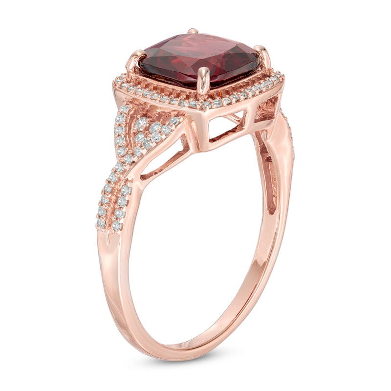 Main Image 2 of 8.0mm Cushion-Cut Rhodolite Garnet and 1/5 CT. T.W. Diamond Frame Engagement Ring in 14K Rose Gold