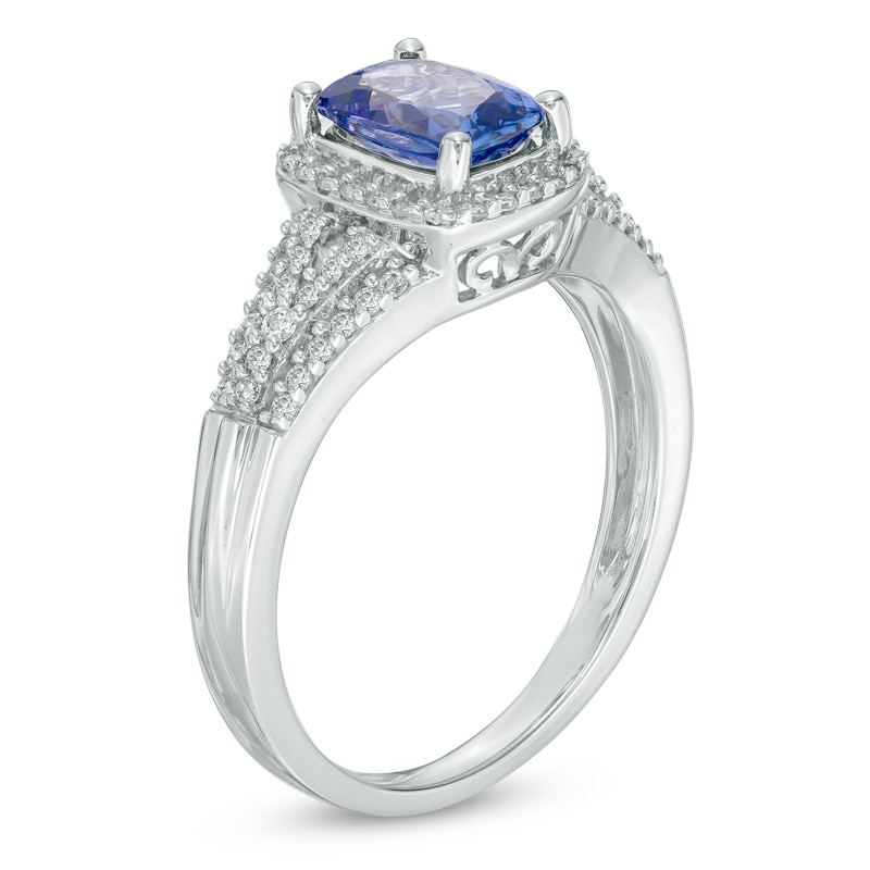 Main Image 2 of Cushion-Cut Tanzanite and 1/4 CT. T.W. Diamond Frame Engagement Ring in 14K White Gold