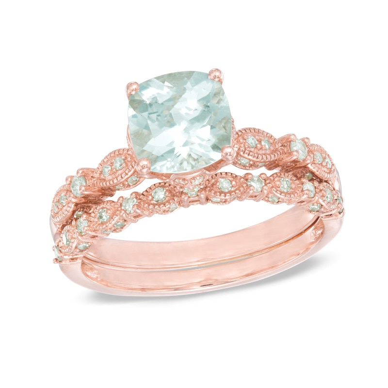 Main Image 1 of 7.0mm Cushion-Cut Aquamarine and 1/3 CT. T.W. Diamond Bridal Set in 14K Rose Gold