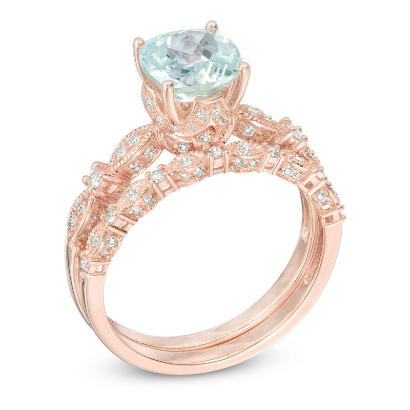 Main Image 2 of 7.0mm Cushion-Cut Aquamarine and 1/3 CT. T.W. Diamond Bridal Set in 14K Rose Gold