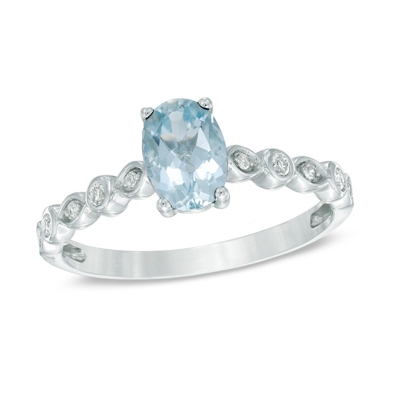 Main Image 1 of Oval Aquamarine and Diamond Accent Engagement Ring in 14K White Gold