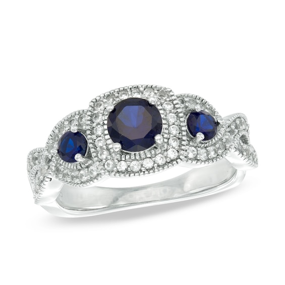 Lab-Created Blue and White Sapphire Frame Three Stone Ring in Sterling Silver