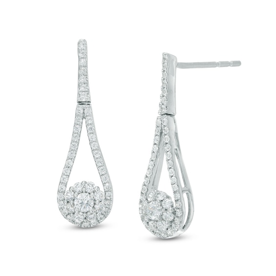 1/2 CT. T.w. Multi-Diamond Open Teardrop-Shaped Frame with Flower Drop Earrings in 10K White Gold