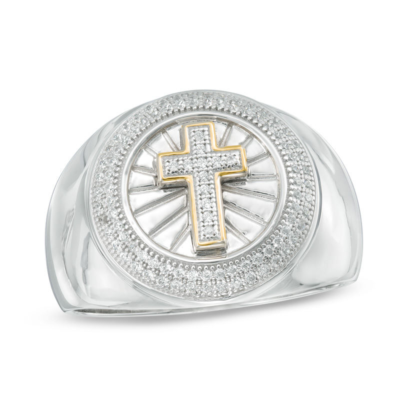 Men's 1/4 CT. T.W. Diamond Frame Cross Ring in Sterling Silver with Yellow Rhodium
