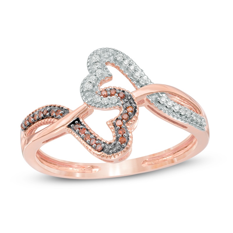Main Image 1 of 1/15 CT. T.W. Enhanced Cognac and White Diamond Interlocking Sideways Hearts Ring in 10K Rose Gold