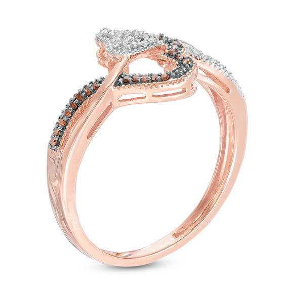 1/15 CT. T.w. Enhanced Cognac and White Diamond Interlocking Sideways Hearts Ring in 10K Rose Gold
