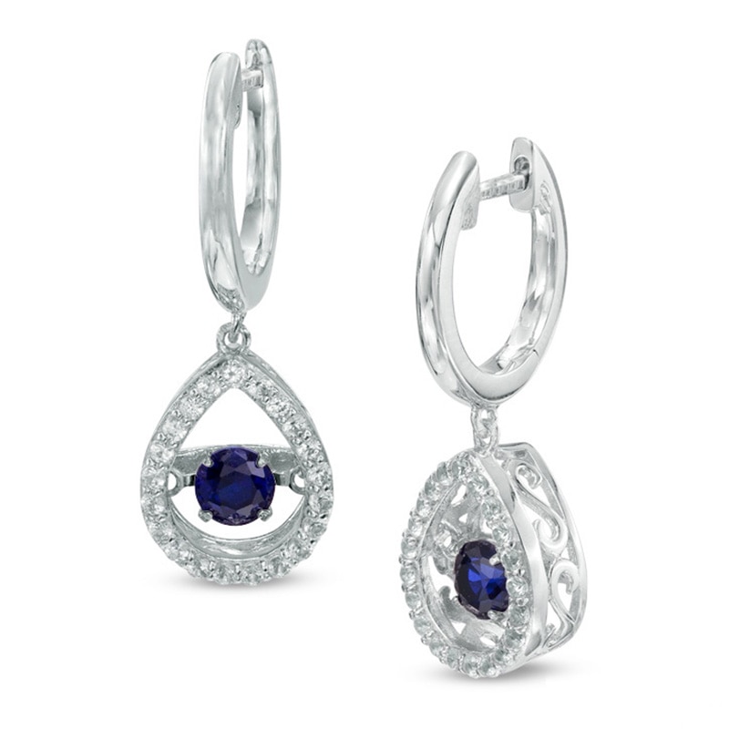 Main Image 1 of 4.0mm Lab-Created Blue and White Sapphire Teardrop Hoop Earrings in Sterling Silver