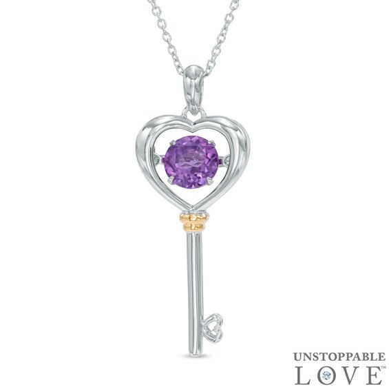 6.0mm Amethyst Heart-Top Key Pendant in Sterling Silver and 14K Gold Plate