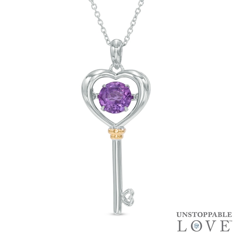 6.0mm Amethyst Heart-Top Key Pendant in Sterling Silver and 14K Gold Plate