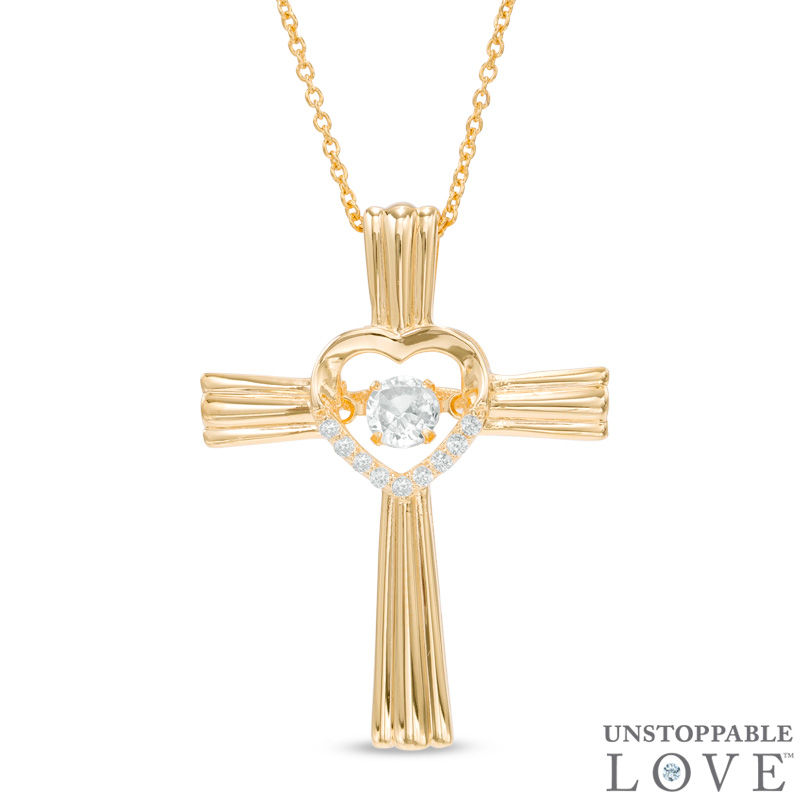 Main Image 1 of 4.0mm Lab-Created White Sapphire Cross Pendant in Sterling Silver with 14K Gold Plate
