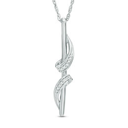 Diamond Accent Ribbon Wrapped Linear Bar Pendant in 10K White Gold