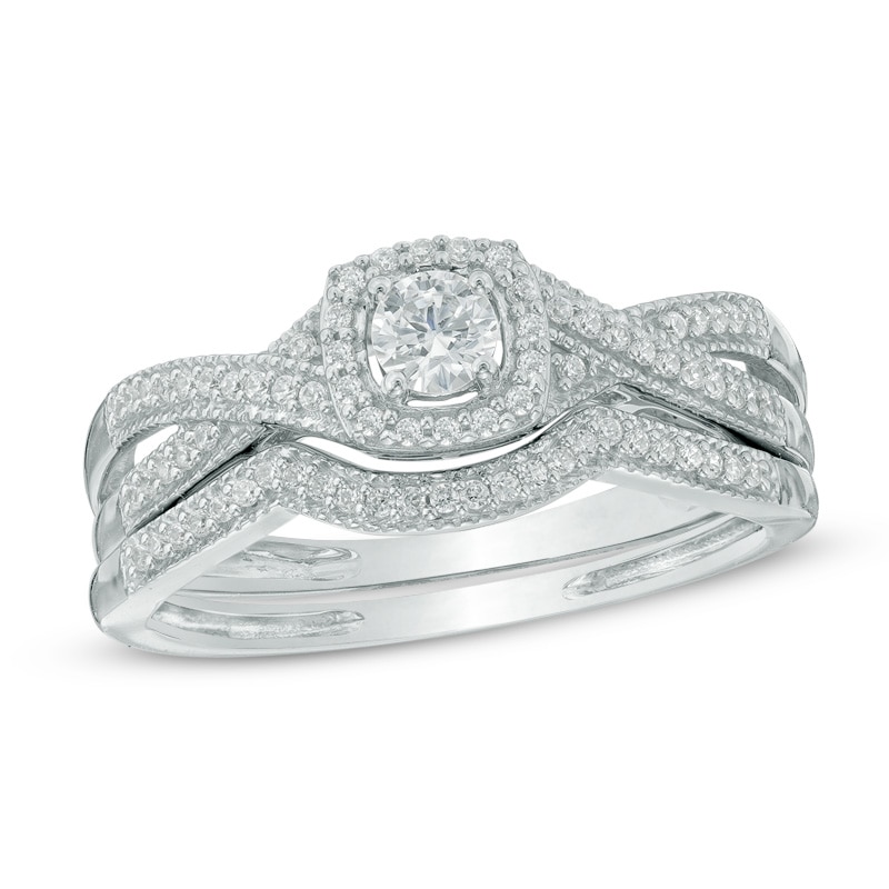 Main Image 1 of 1/3 CT. T.W. Diamond Cushion Frame Twisted Shank Bridal Set in 10K White Gold