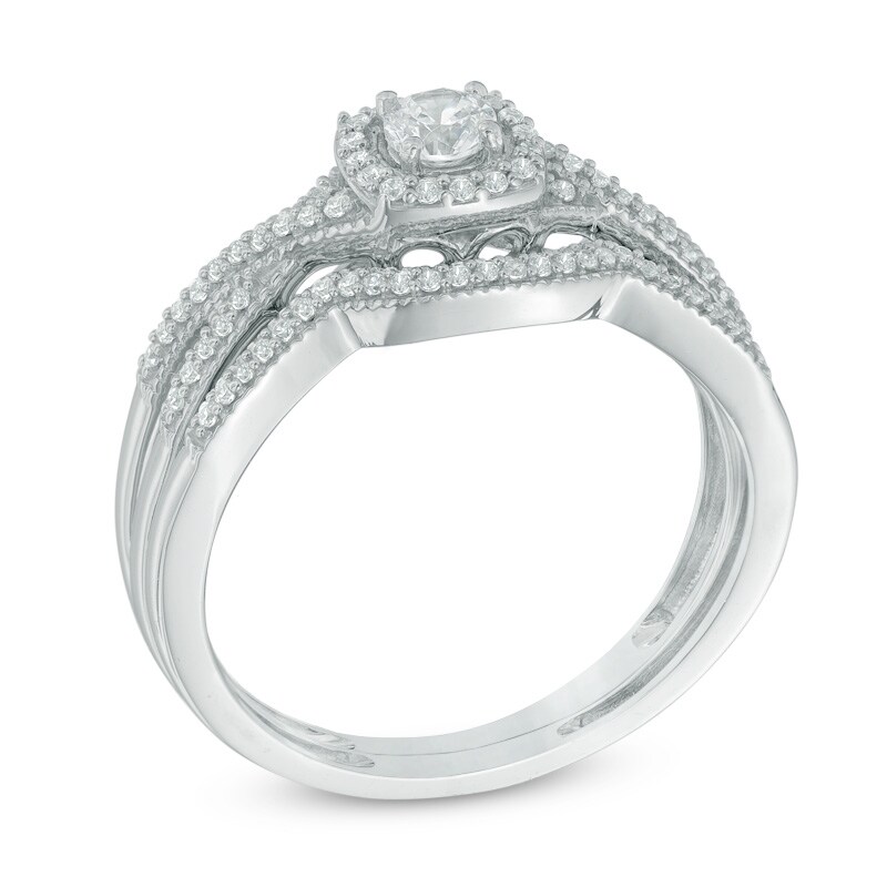 Main Image 2 of 1/3 CT. T.W. Diamond Cushion Frame Twisted Shank Bridal Set in 10K White Gold