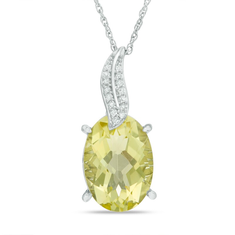 Main Image 1 of Oval Lemon Quartz and Diamond Accent Leaf Pendant in Sterling Silver