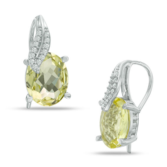 Oval Lemon Quartz and 1/10 CT. T.w. Diamond Leaf Drop Earrings in Sterling Silver