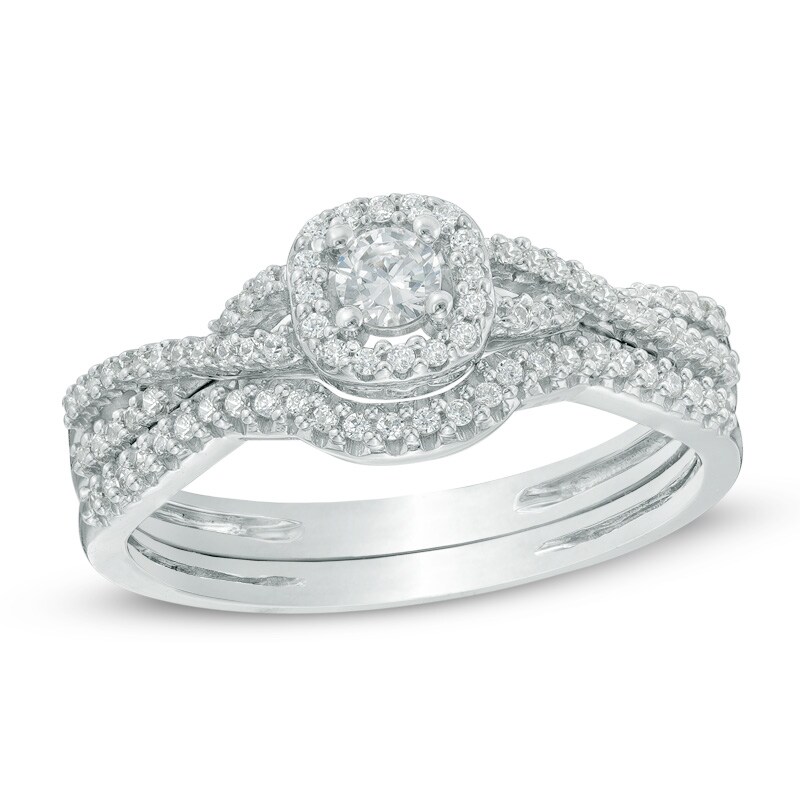 Main Image 1 of 3/8 CT. T.W. Diamond Frame Braid Bridal Set In 10K White Gold