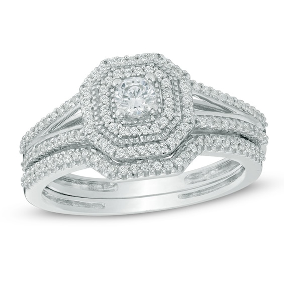 1/2 CT. T.w. Diamond Octagonal Frame Split Shank Vintage-Style Bridal Set In 10K White Gold