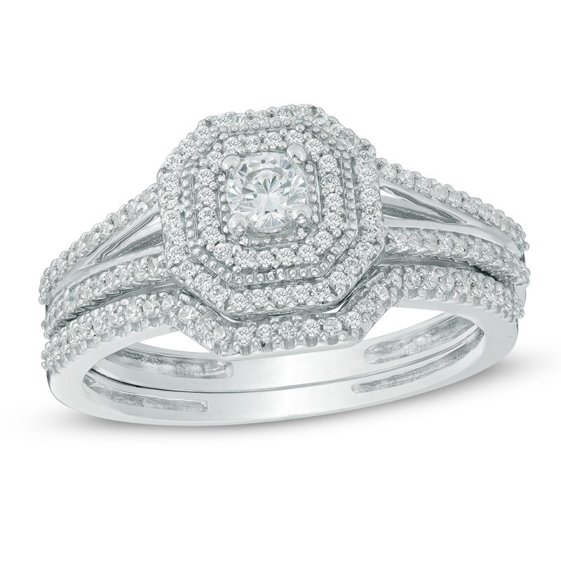 Main Image 1 of 1/2 CT. T.W. Diamond Octagonal Frame Split Shank Vintage-Style Bridal Set In 10K White Gold
