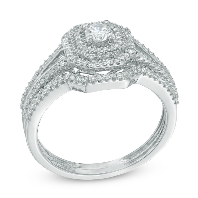 Main Image 2 of 1/2 CT. T.W. Diamond Octagonal Frame Split Shank Vintage-Style Bridal Set In 10K White Gold