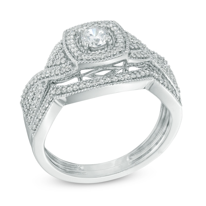 Main Image 2 of 1/2 CT. T.W. Diamond Square Frame Twist Shank Bridal Set In 10K White Gold