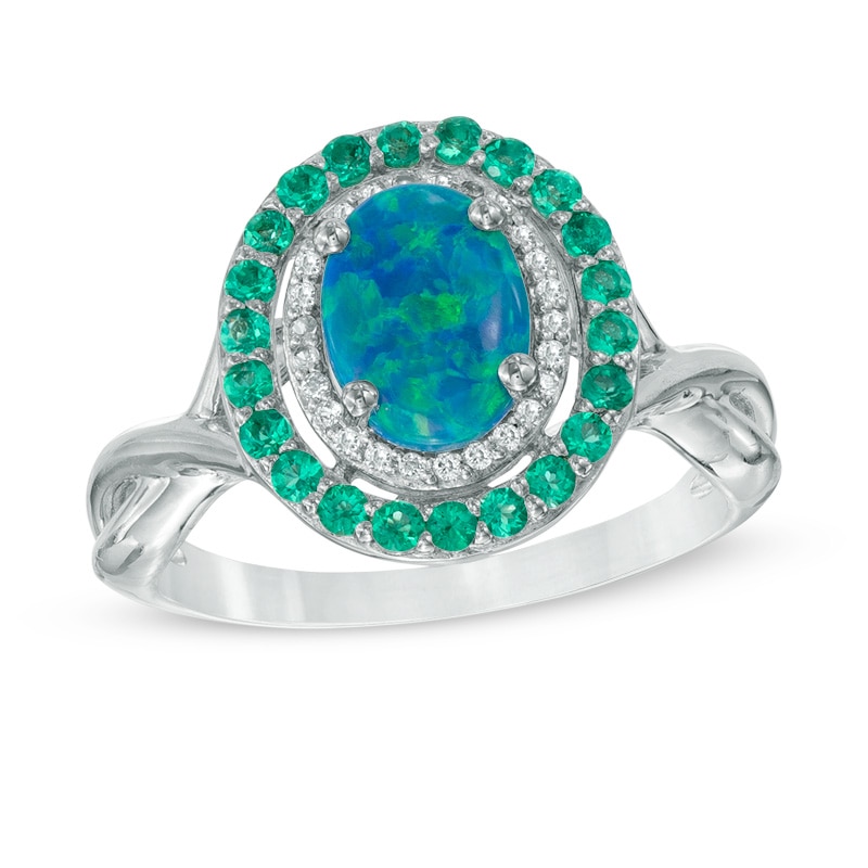 Main Image 1 of Simulated Oval Opal, Lab-Created Emerald and White Sapphire Frame Ring in Sterling Silver