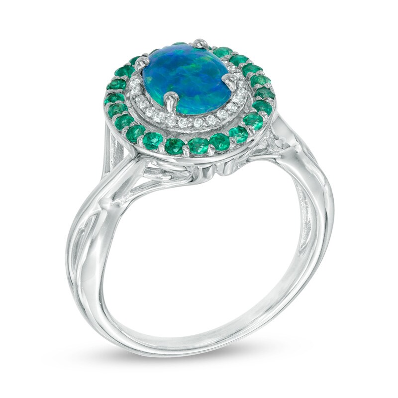 Main Image 2 of Simulated Oval Opal, Lab-Created Emerald and White Sapphire Frame Ring in Sterling Silver