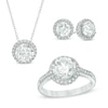 Thumbnail Image 1 of Lab-Created White Sapphire Pendant, Ring and Earrings Frame Set in Sterling Silver - Size 7