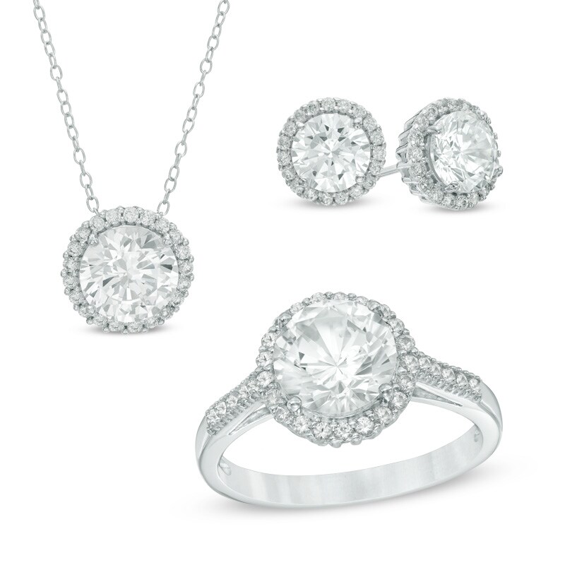 Main Image 1 of Lab-Created White Sapphire Pendant, Ring and Earrings Frame Set in Sterling Silver - Size 7