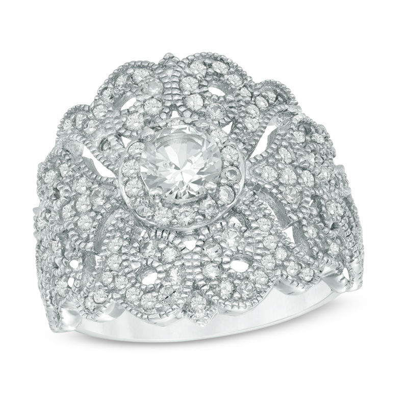 Main Image 1 of 5.0mm Lab-Created White Sapphire Art Deco Ring in Sterling Silver
